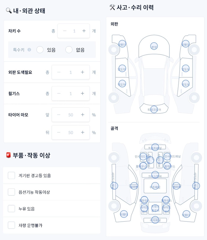 헤이딜러 제로 진단평가사의 평가 기준. 차키 수, 외판 도색 필요, 휠기스, 타이어 마모, 계기판 경고등 있음, 옵션기능 작동 이상, 누유 있음, 차량 운행불가, 외판, 골격 등